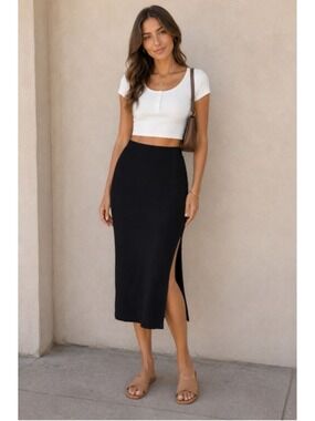 Women's Stillwater Black Ribbed Midi Skirt with Slit S